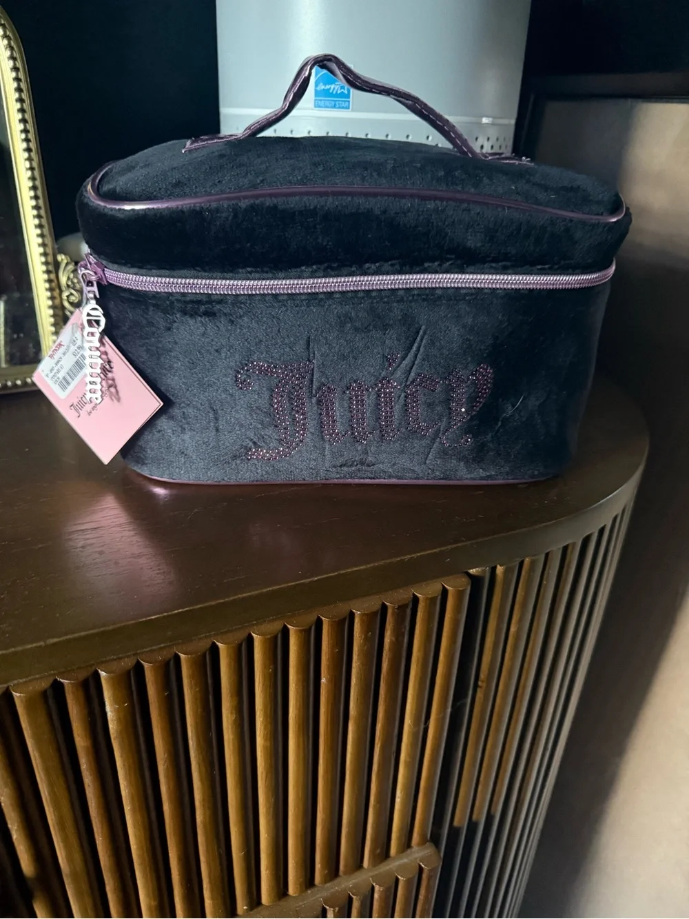 Juicy Couture Black Velvet Travel Cosmetic Case with Pink Trim